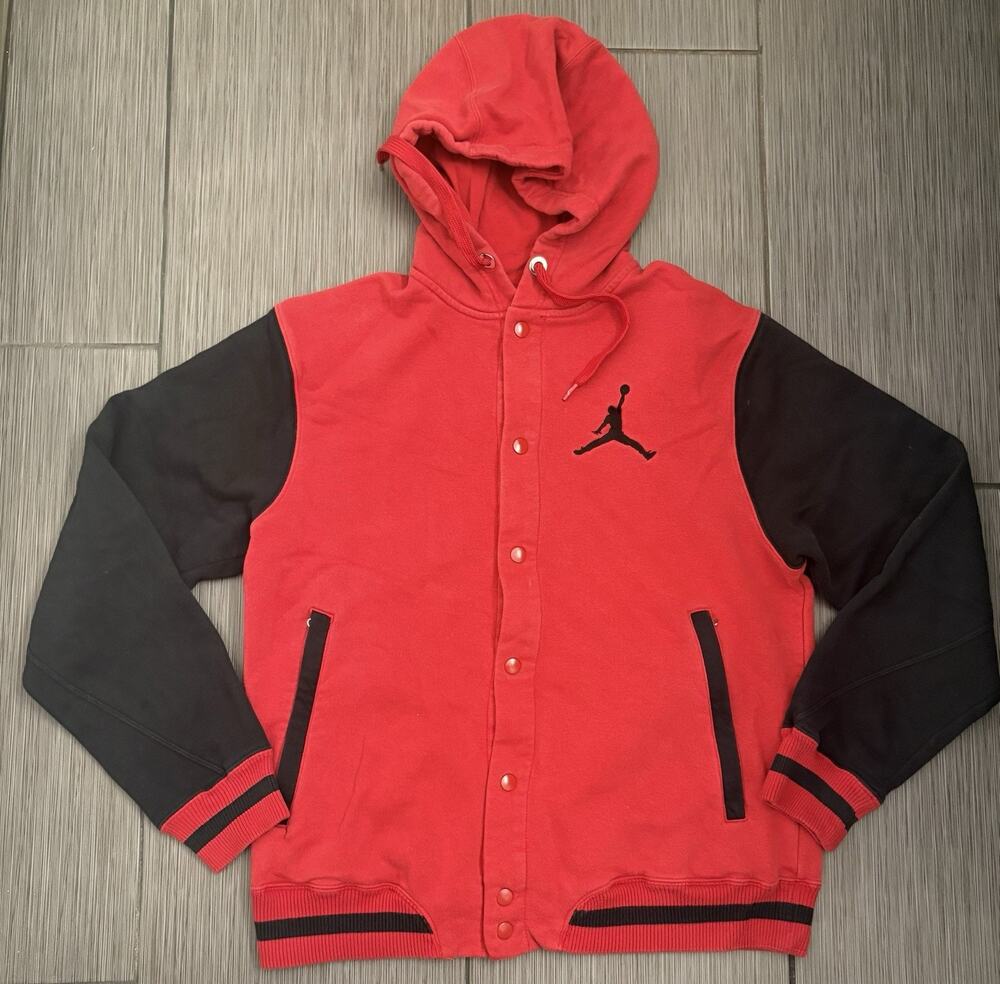 Nike Air Jordan Varsity Hoodie Men's Size Large Full Button Snap Red/Black